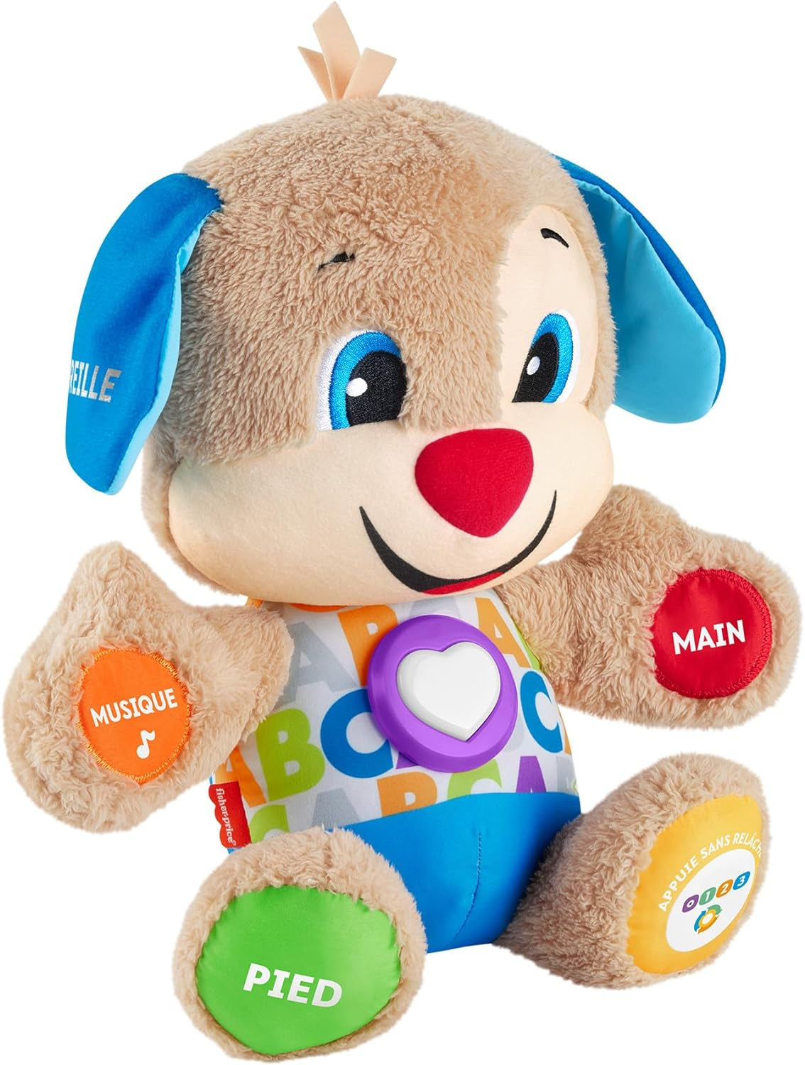 Câine distractiv de învățare Fisher-Price cu trei niveluri | jucărie de pluș vorbitoare cu muzică ca jucărie pentru copii și jucărie pentru bebeluși | ursuleț de pluș interactiv, versiune: UK-English , FPM43 Jucarii Bebe Naty Shop franceză