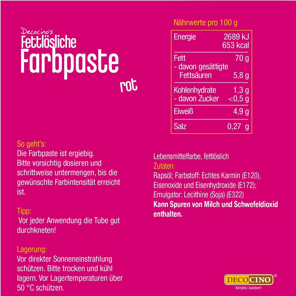 DECOCINO Pastă de colorare liposolubilă roșie - 15 g - Colorant alimentar pe bază de ulei, ideal pentru colorarea ciocolatei, cremei de unt, fondantului sau aluatului de prăjituri (Pachet de 3)