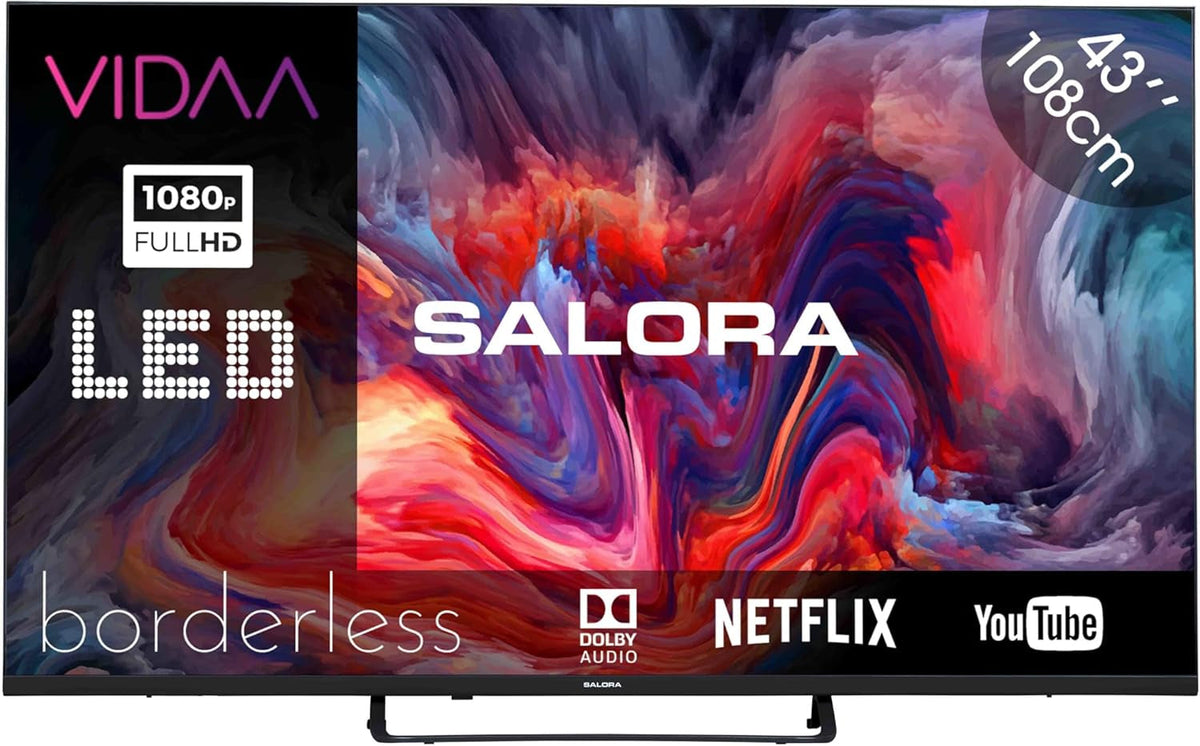 SALORA FOD43FV – Televizor de 43 de inci – Smart TV cu ecran Full HD, Android TV, sistem de operare Vidaa, tuner triplu DVB-T2/S2, WLAN, Ethernet, 3x HDMI, design fără ramă pentru un stil de viață modern