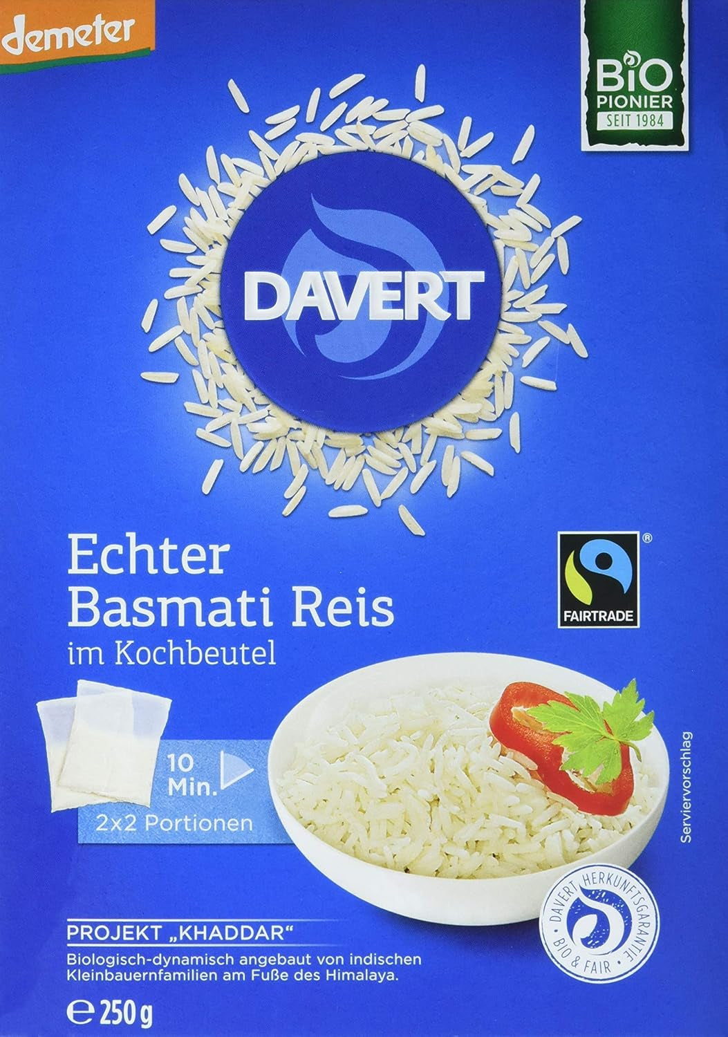 Orez Basmati organic Davert în pungi de gătit, 2 pungi, 250g