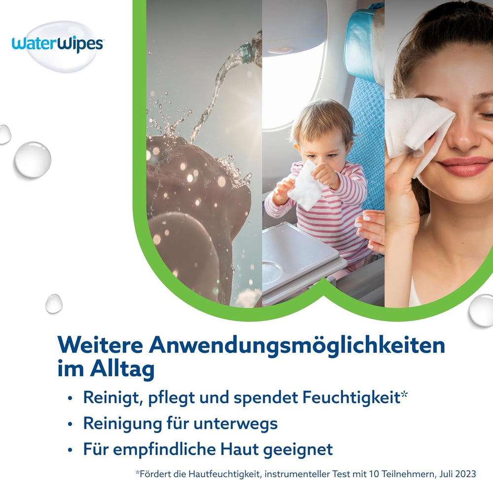 Șervețele umede WaterWipes Sensitive+ Hydrating Boost, șervețele hidratante, 360 bucăți (6 pachete), 3 în 1 curăță, îngrijește, hidratează, 99% apă cu aloe vera, șervețele umede fără parfum pentru bebeluși