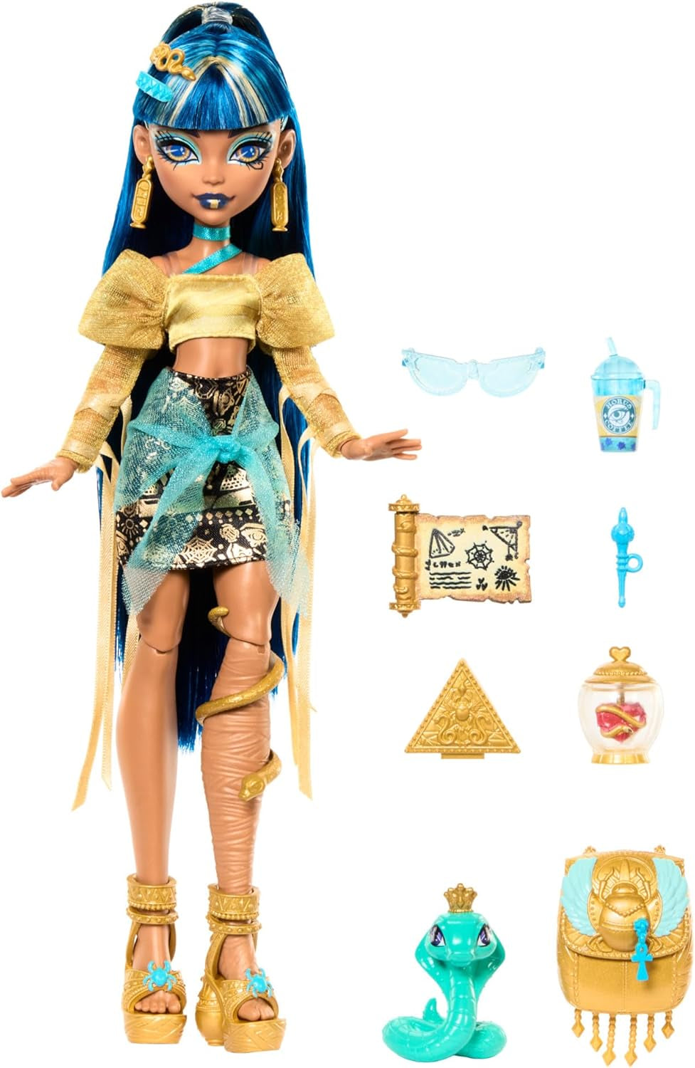 Păpușă Monster High Cleo De Nile în bluză aurie și fustă stratificată, include animal de companie Cobra Hissette și accesorii precum rucsac, gustare și rolă de hârtie, HXH74 Papusi Naty Shop