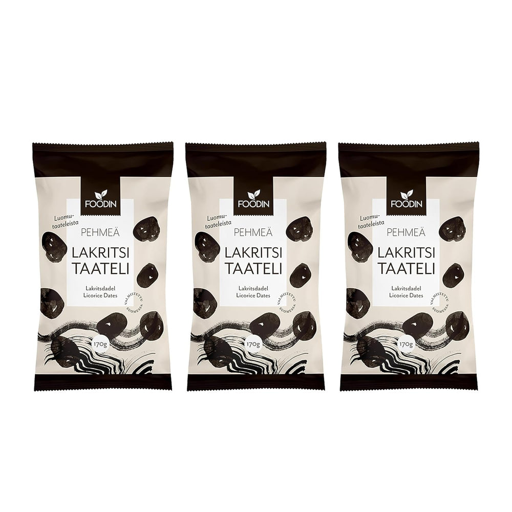 Foodin date Tratamente vegane, fără gluten, moi, dulci și sănătoase Fructe uscate cu pudră de lemn dulce pentru gustări, coacere și multe altele - Fabricat în Vaajakoski (3x170g) Produse deshidratate Naty Shop Titlu implicit