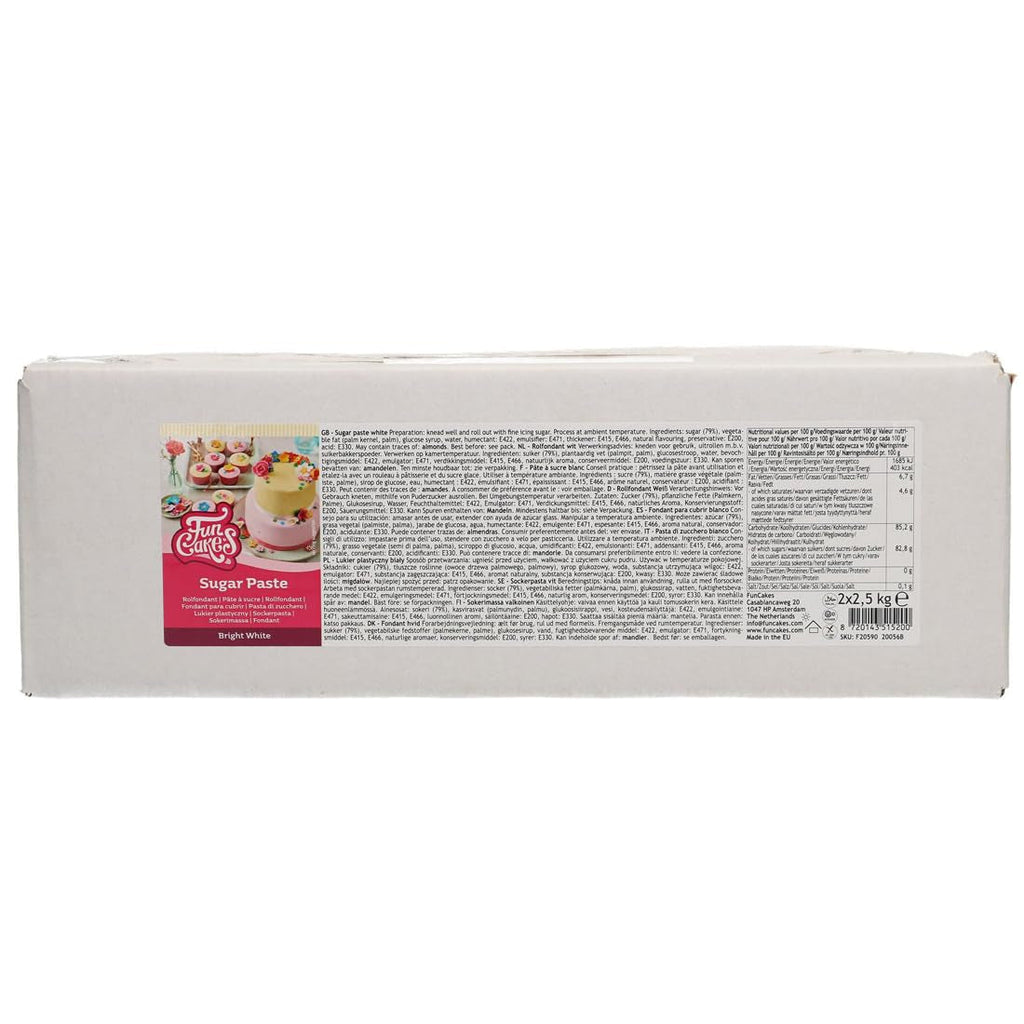 FunCakes Roll Fondant Bright White: Ușor de folosit, neted, flexibil, moale și pliabil, perfect pentru decorarea prăjiturilor, halal, kosher și fără gluten. 5 kg (2 Ã- 2,5 kg) Pasta de zahar Naty Shop Default Title