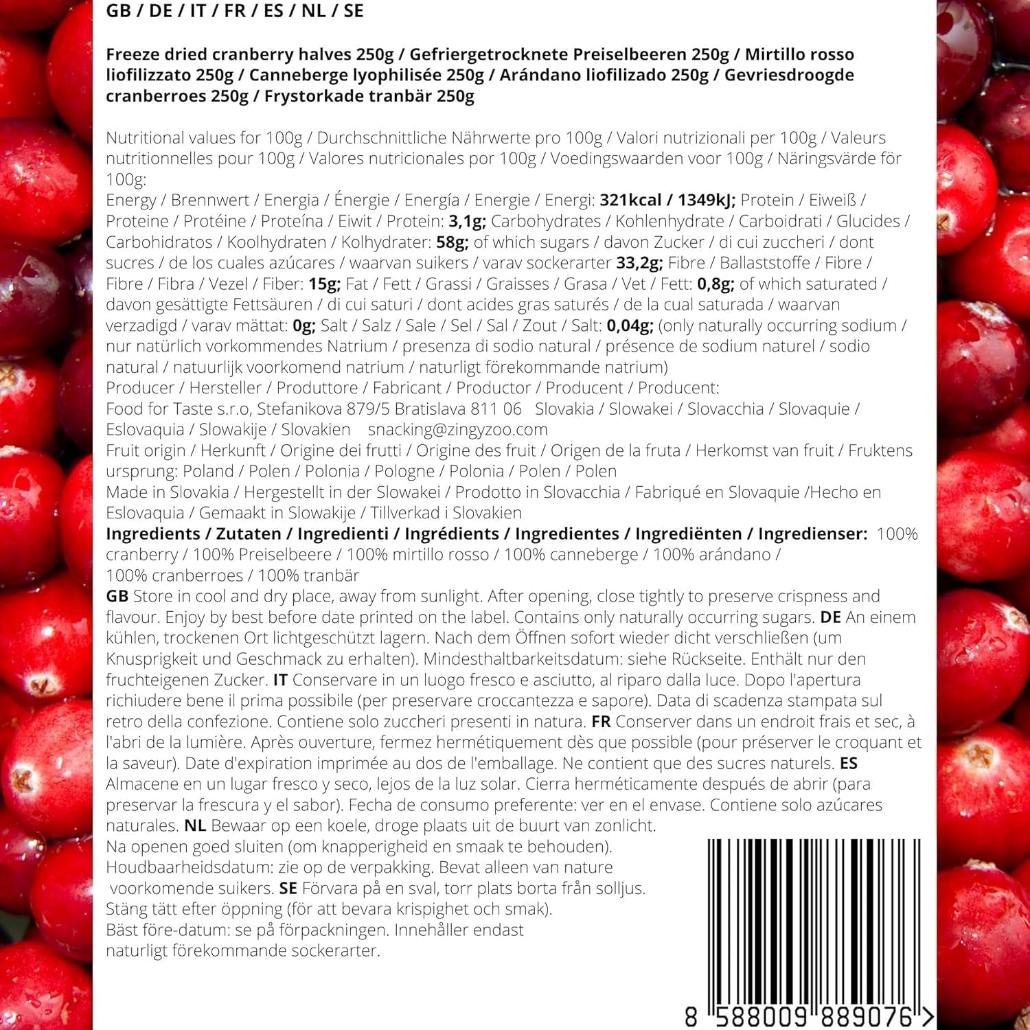 Merișoare liofilizate fără zahăr | XL 250g Merișoare liofilizate naturale neîndulcite | Fructe liofilizate naturale sălbatice | Merișoare liofilizate | ZingyZoo Produse deshidratate Naty Shop