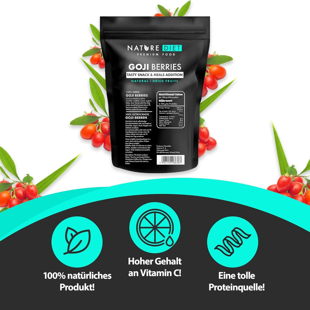 Nature Diet - Goji berries 1000 g | Fructe de pădure uscate | Gustare sănătoasă Produse deshidratate Naty Shop