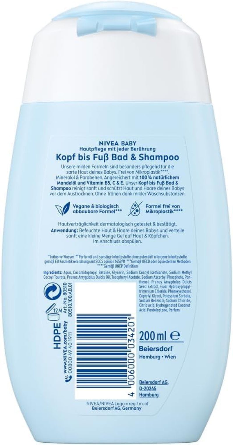 NIVEA BABY head to toe bath & shampoo, șampon blând vegan pentru copii pentru piele și păr cu ulei de migdale, gel de duș relaxant cu formulă hipoalergenică fără parabeni și microplastice (200 ml) Copii - Baie si Skincare Naty Shop