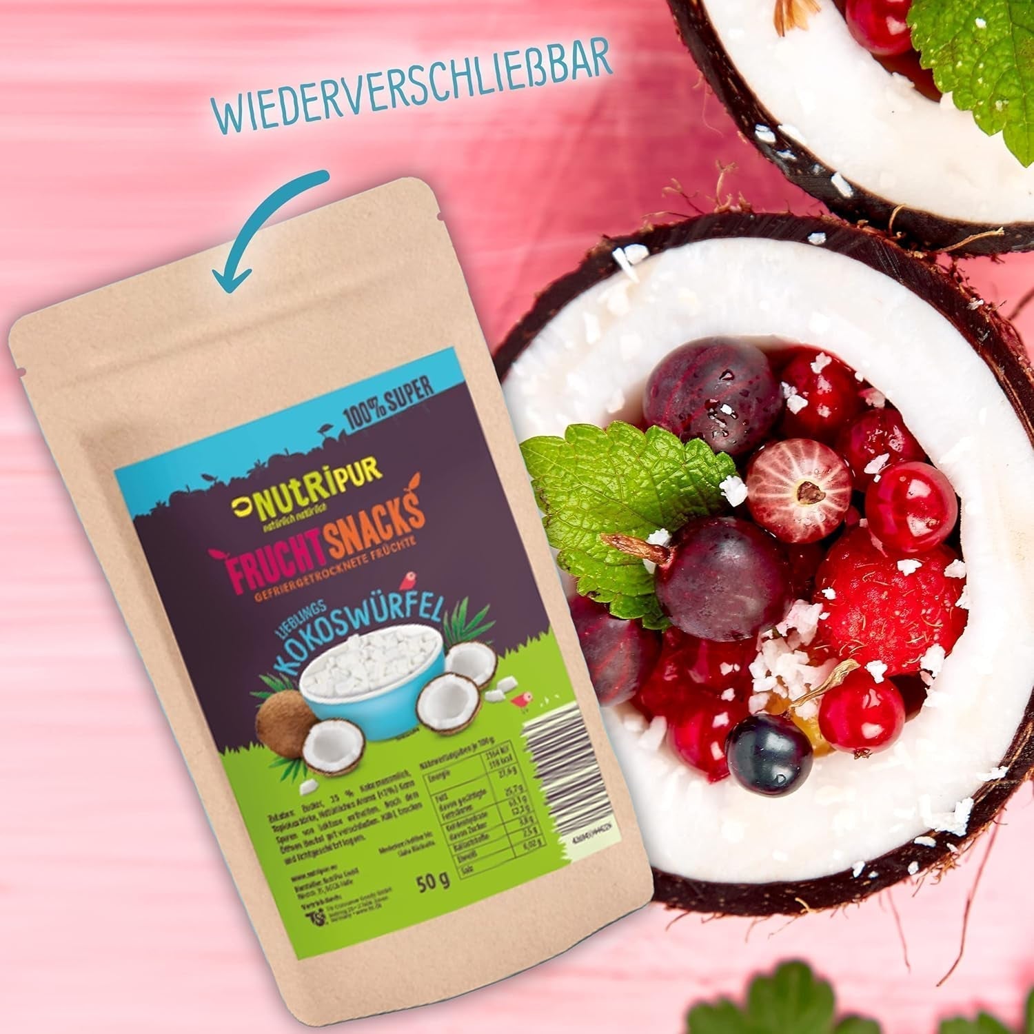 Nucă de cocos liofilizată: 50g fructe liofilizate - dulciuri vegane cuburi de nucă de cocos îndulcite - fructe uscate natural de la NutriPur Produse deshidratate Naty Shop