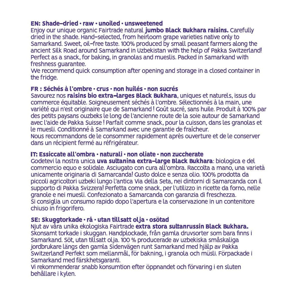 PAKKA - Stafide organice Fairtrade Bukhara 600g, fără semințe, struguri negri jumbo Bukhara uscați la umbră, fără ulei, deci lipicioși, nesulfurați, direct de la micii fermieri din Samarkand în Uzbekistan 600g Produse deshidratate Naty Shop