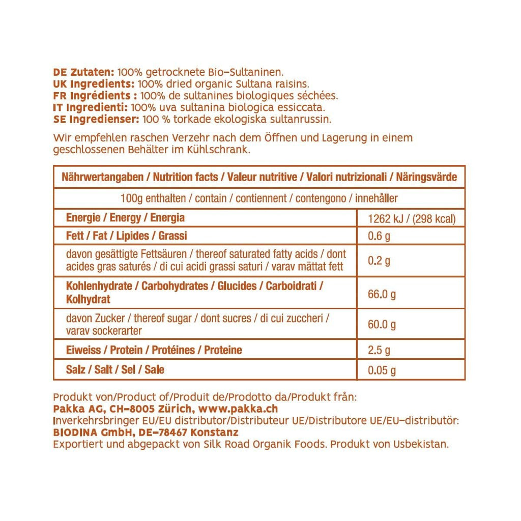 PAKKA - Sultane Sultana organice Fairtrade 1kg, fără semințe, fără coajă și uscate la soare Sultane Sultana din Samarkand Uzbekistan 1000g Produse deshidratate Naty Shop