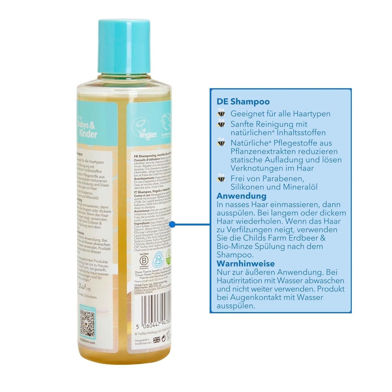 Șampon pentru copii Childs Farm 250 ml | Căpșuni și mentă organică | Toate tipurile de păr | Demontează și hrănește | Potrivit pentru pielea uscată, sensibilă și predispusă la neurodermatită Copii - Baie si Skincare Naty Shop