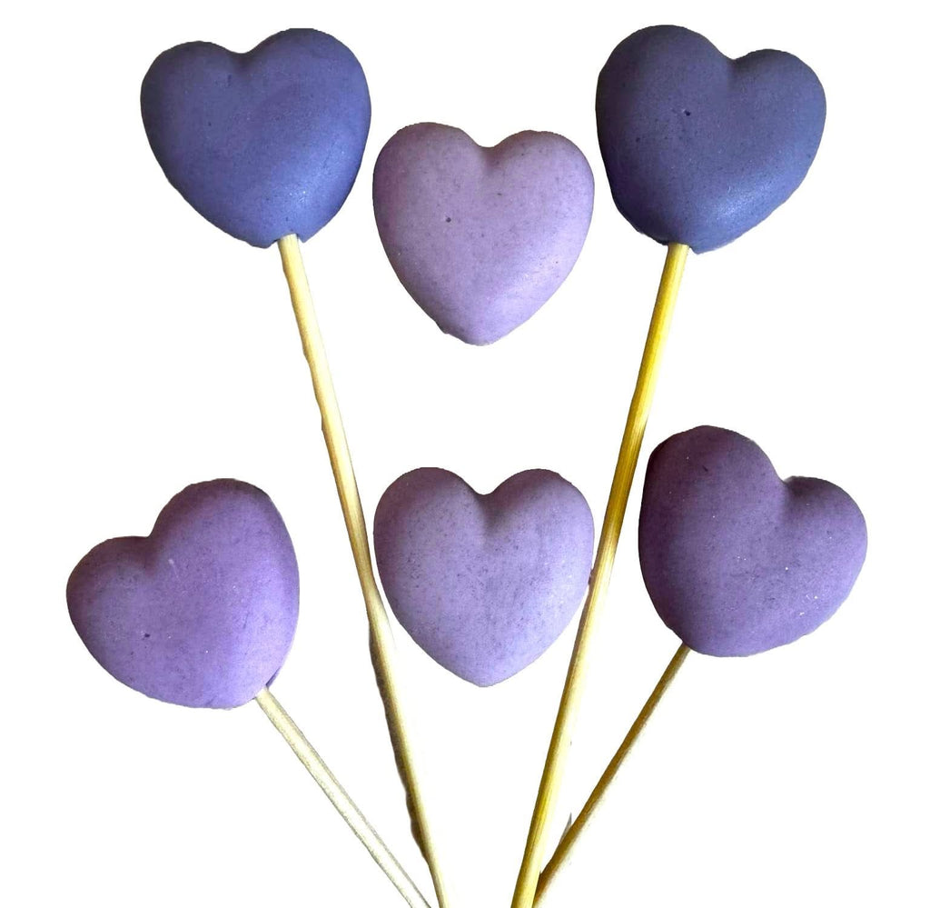 Set 6 decoratiuni comestibile din zahar, Inimi mov Decoratiuni din Pasta de Zahar Naty Shop