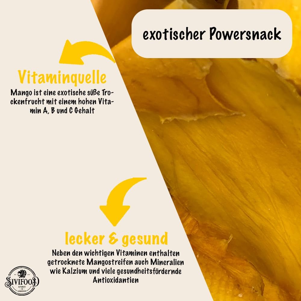 SIVIFOOD mango uscat 1kg - fâșii de mango uscat fructe exotice uscate nesulfurate fără adaos de zahăr natural natural vegan bogat în vitamine mango uscat fructe vitaminizate snack 1000g Produse deshidratate Naty Shop