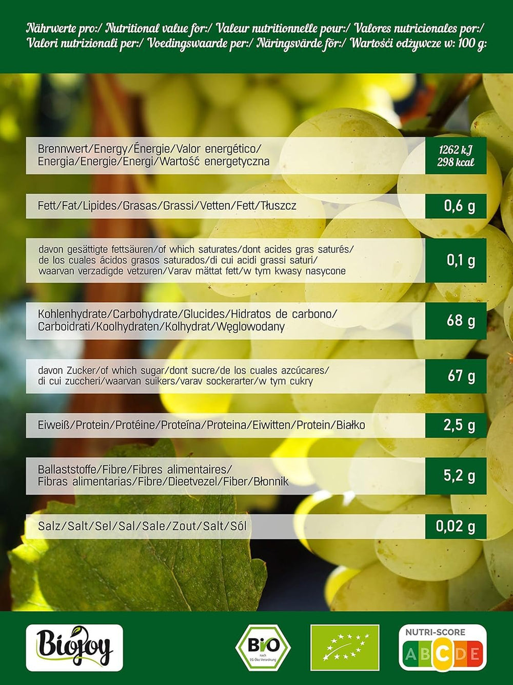 Sultane bio Biojoy (500 g), uscate și nesulfurate Produse deshidratate Naty Shop