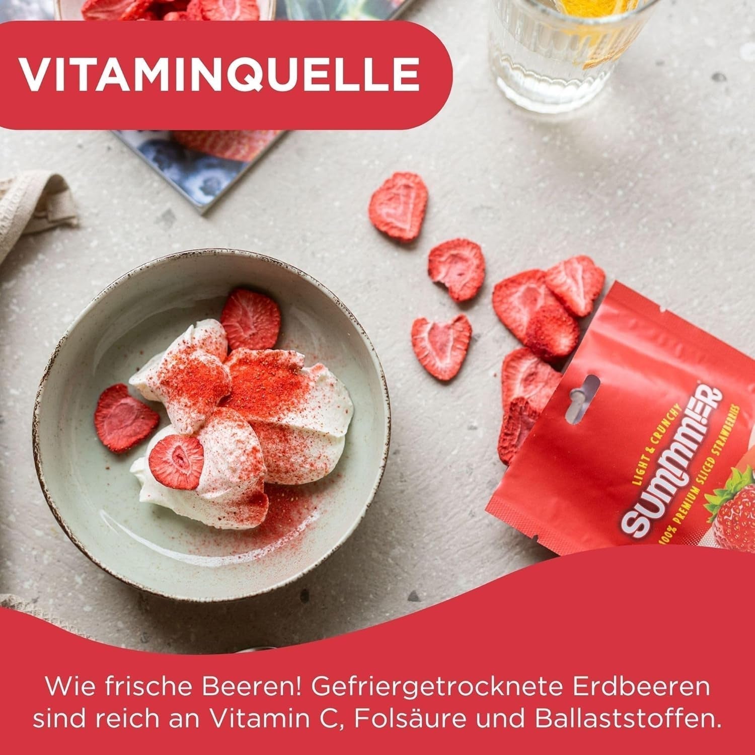 Summmer căpșuni liofilizate - pachet de 5 - fără zahăr, 100% naturale, delicioase gustări crocante pentru copii și adulți, ideale pentru cereale și cutii de prânz (55g) Produse deshidratate Naty Shop