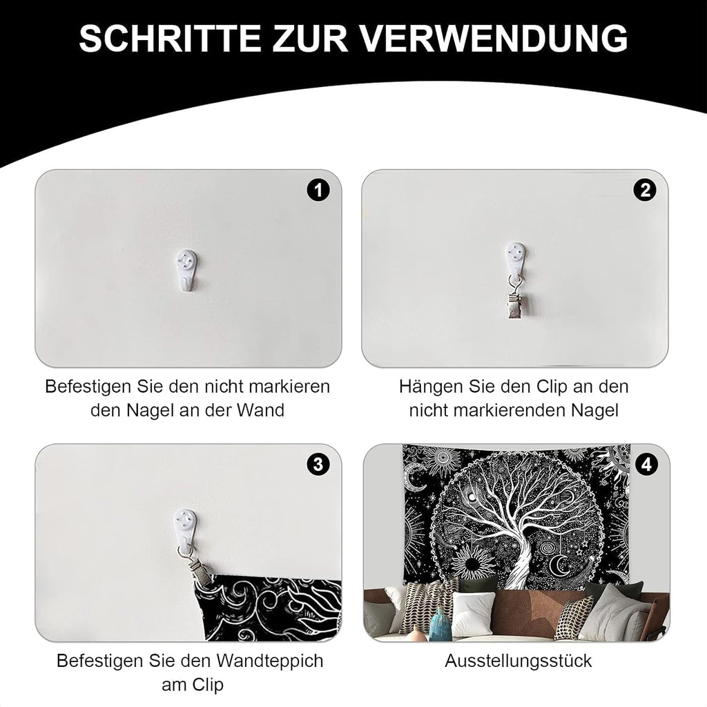 Tapiserie negru alb copac viata tapiserii faze luna Casa - Accesorii si Decoratiuni Naty Shop