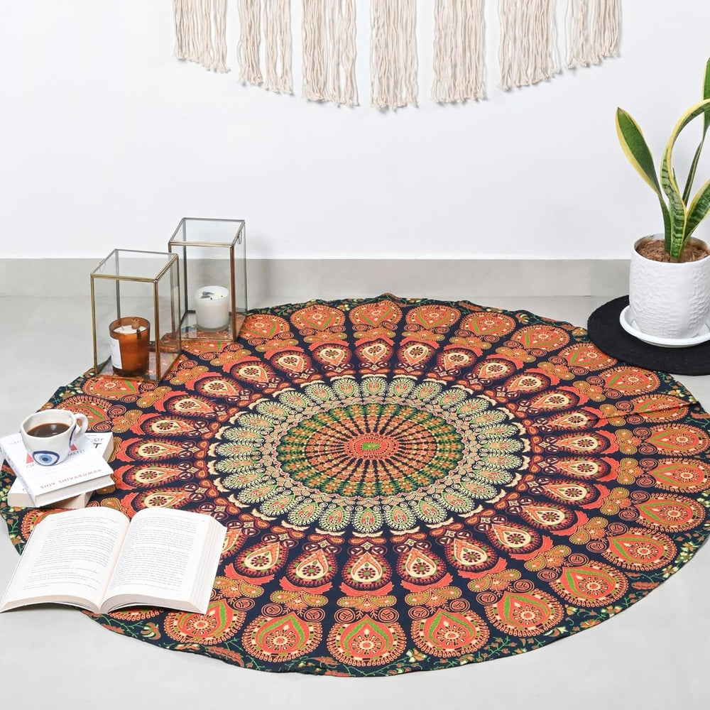 Tapiserie rotunda peacock mandala centimetri roundie hippie fata Casa - Accesorii si Decoratiuni Naty Shop Goldgreen 121.9L X 121.9B Cm