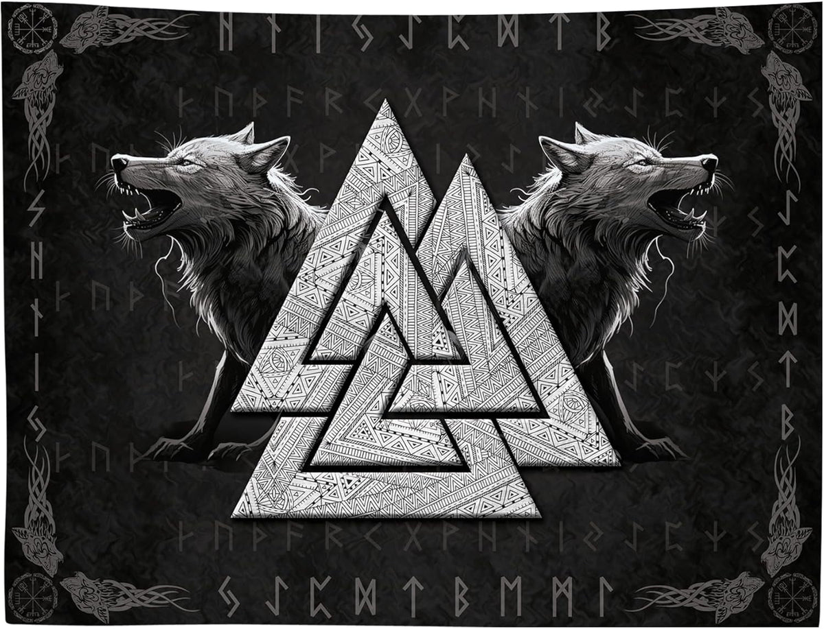 Tapiserie viking wolf totem negru alb meditatie rune Casa - Accesorii si Decoratiuni Naty Shop 200L X 150B Cm