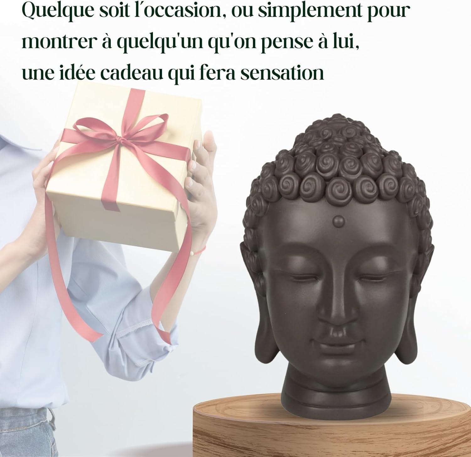 Zen'Light - Statuetă cu cap de Buddha - Decorațiune pentru Zen, meditație și feng shui - Cadou pentru o atmosferă relaxantă și spirituală - Statuetă de Buddha - Înălțime: 20 cm - Culoare: verde/maro Statuete si sculpturi Naty Shop