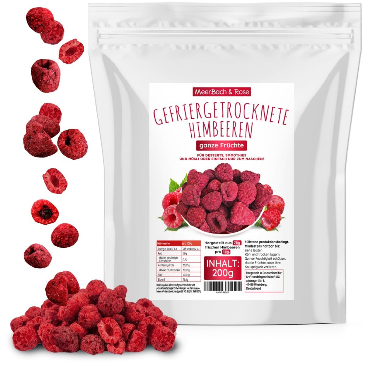 Zmeură liofilizată, FĂRĂ produse chinezești, 500g fructe întregi liofilizate, fără aditivi, fructate, fabricate în Germania Produse deshidratate Naty Shop 200