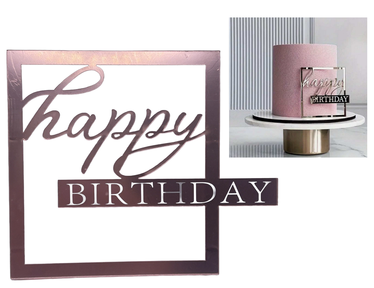 Decoratiune Happy Birthday Panou Topper Roz Acrilic Pentru Tort - Accesoriu Non Edibil Inaltime 10 cm